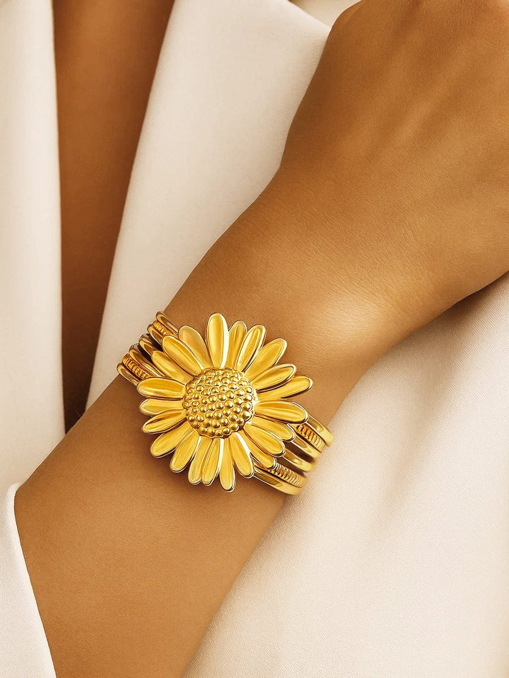 18K Gold-Plated Stainless Steel Tarnish-Free Waterproof Bold Floral Cuff Bracelet