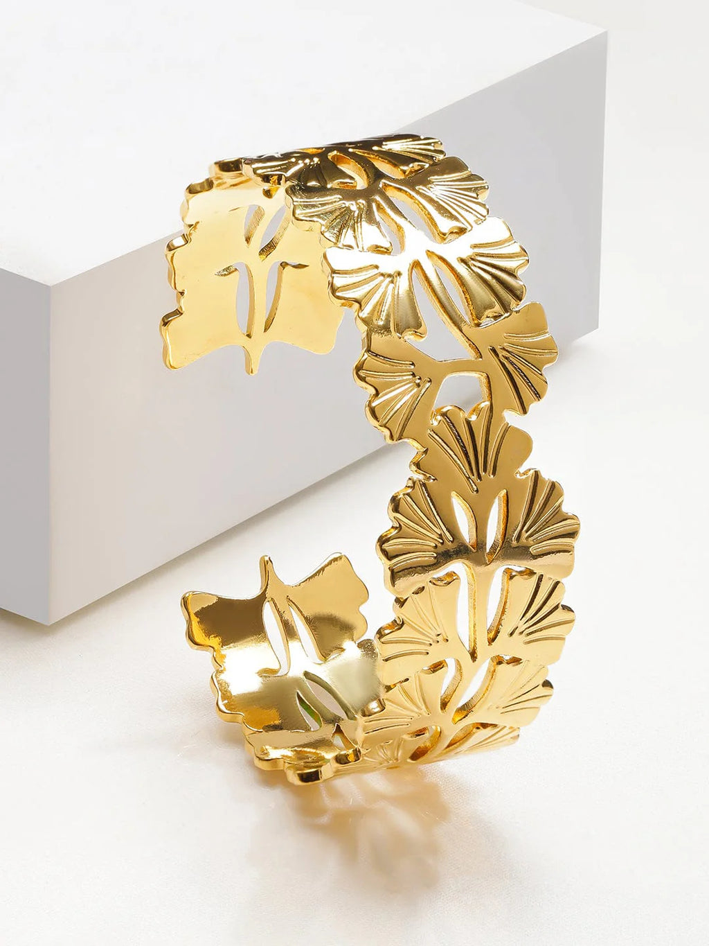 18K Gold-Plated Stainless Steel Tarnish-Free Waterproof Cutwork Leaf Design Cuff Bracelet