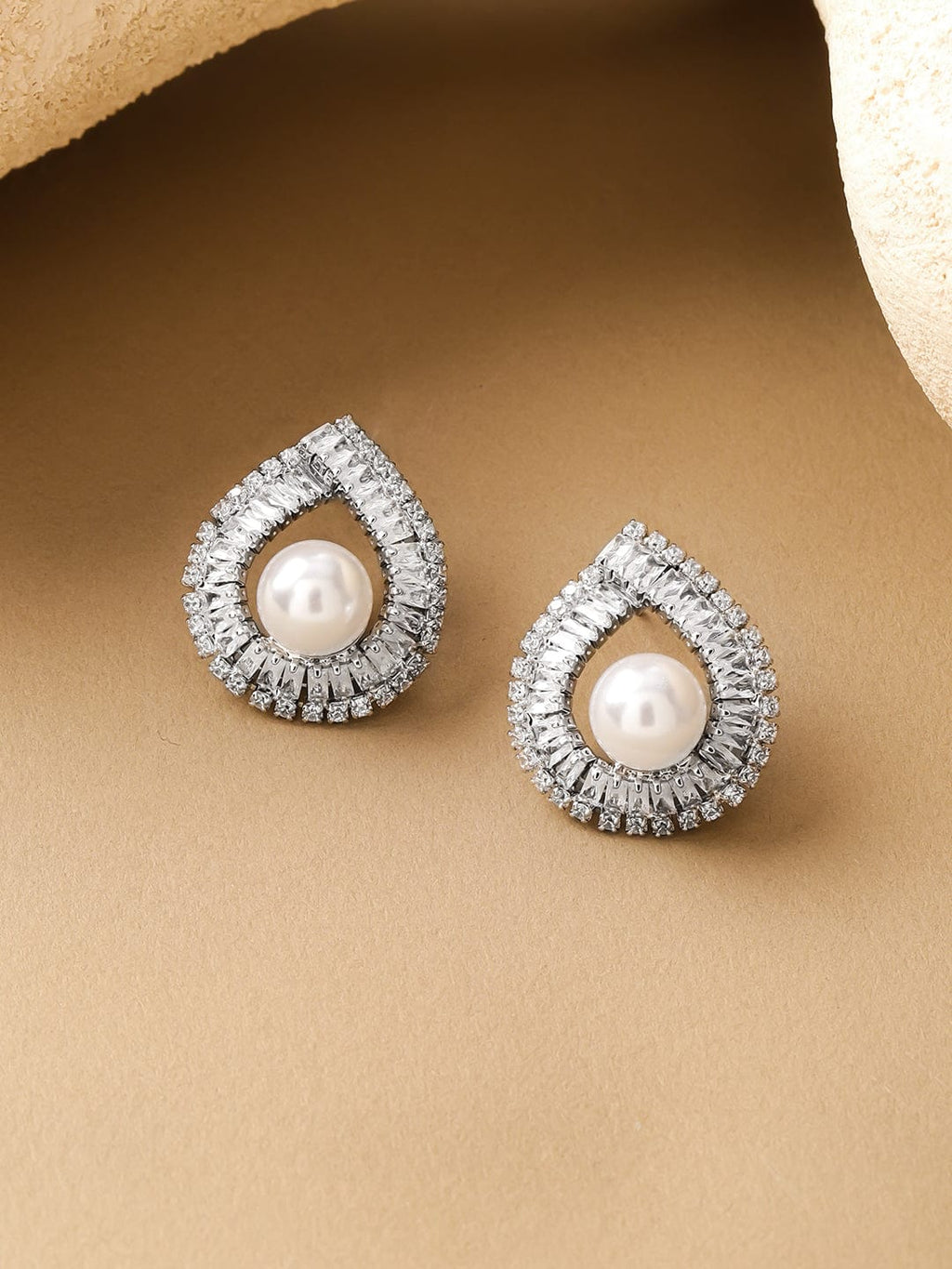 Rhodium-Plated Crystal AD & White Pearl Teardrop Stud Earrings