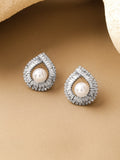 Rhodium-Plated Crystal AD & White Pearl Teardrop Stud Earrings