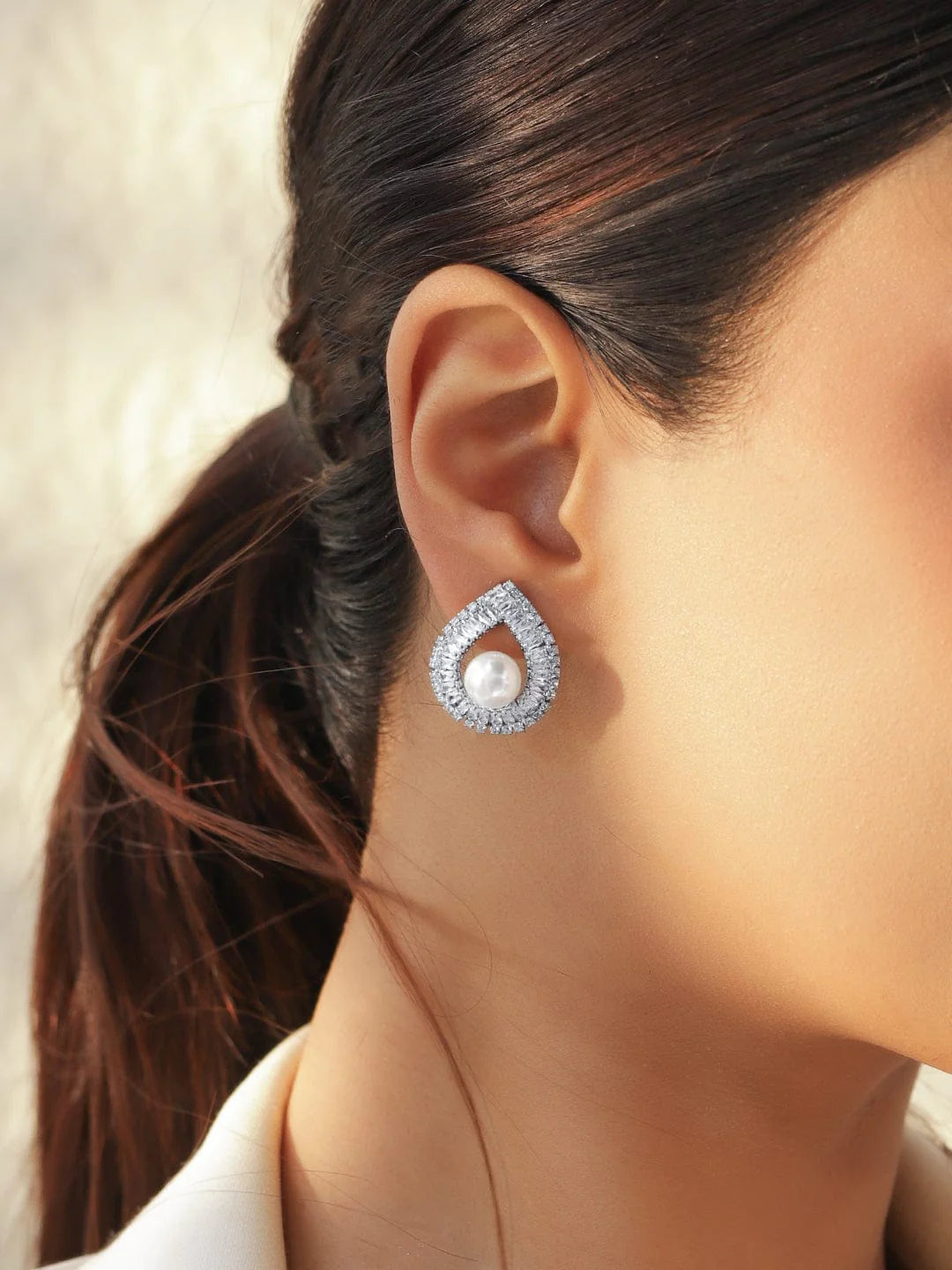 Rhodium-Plated Crystal AD & White Pearl Teardrop Stud Earrings