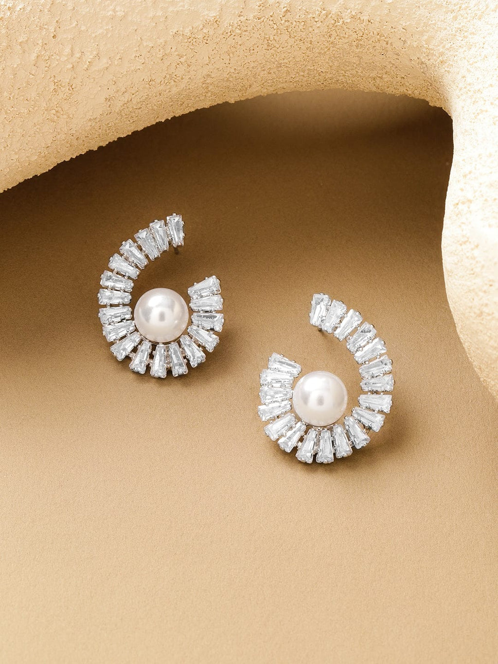 Rhodium Plated Spiral Crystal AD & White Pearl Stud Earrings