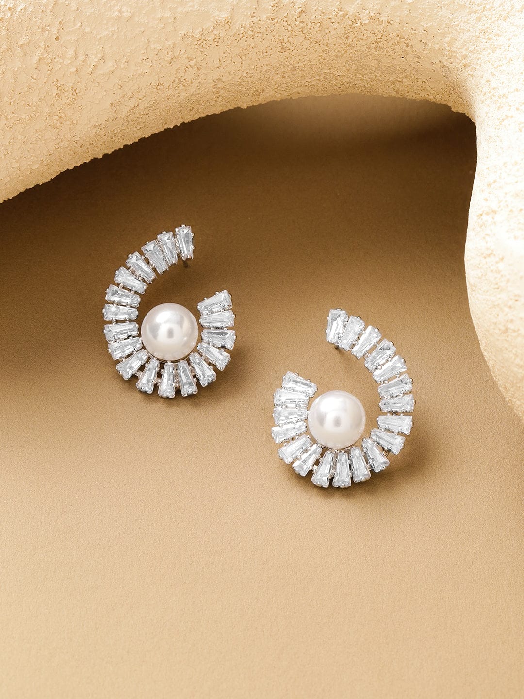 Rhodium Plated Spiral Crystal AD & White Pearl Stud Earrings