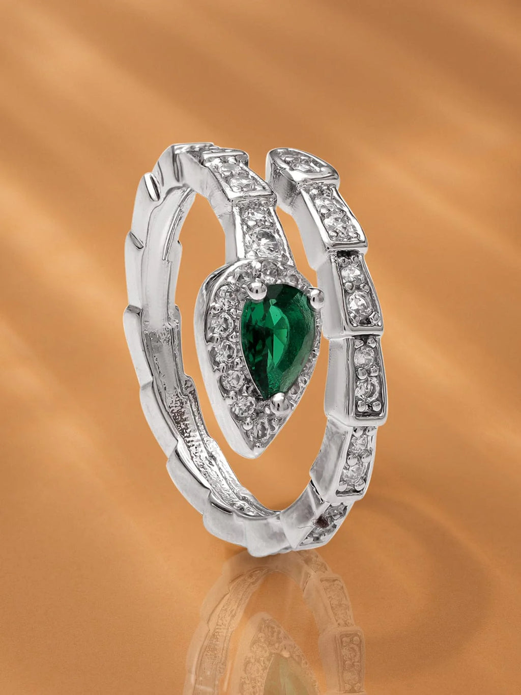 hodium-Plated Stainless Steel Tarnish-Free Waterproof Adjustable Ring with Emerald Green Stone and Cubic Zirconia Detailing