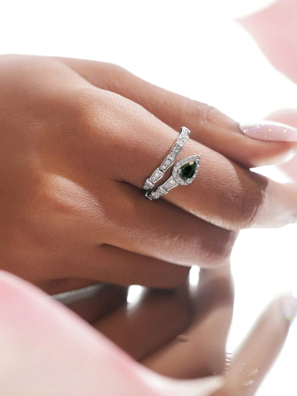 hodium-Plated Stainless Steel Tarnish-Free Waterproof Adjustable Ring with Emerald Green Stone and Cubic Zirconia Detailing