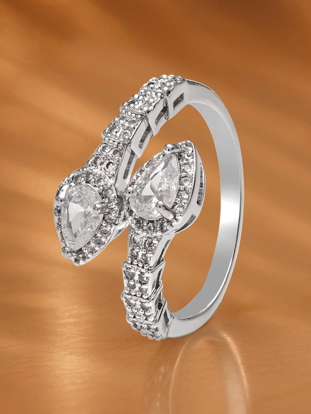 Rhodium-Plated Stainless Steel Tarnish-Free Waterproof Adjustable Ring with Twin Pear-Shaped Cubic Zirconia Detailing