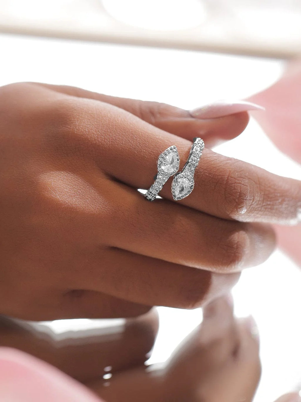 Rhodium-Plated Stainless Steel Tarnish-Free Waterproof Adjustable Ring with Twin Pear-Shaped Cubic Zirconia Detailing