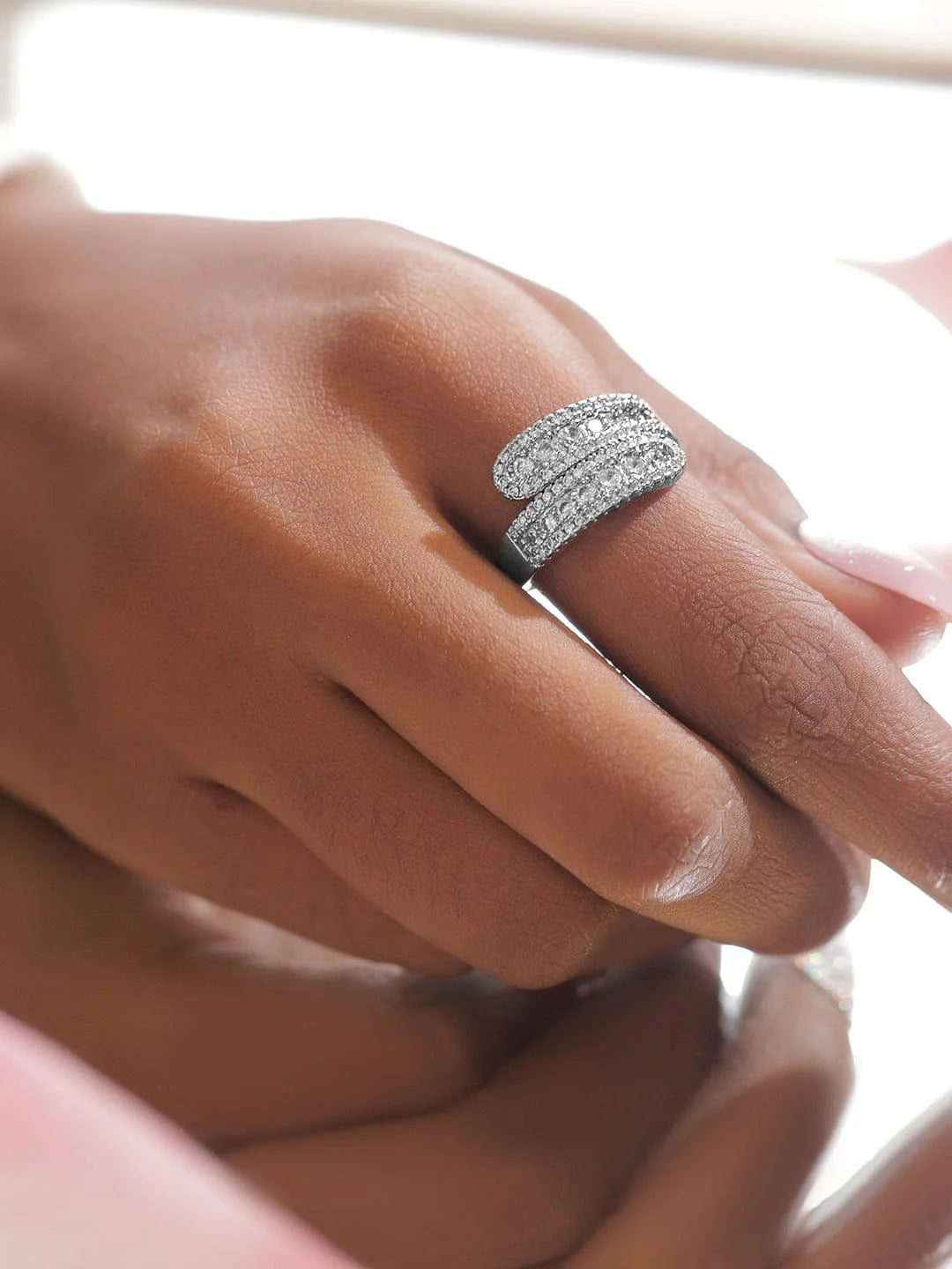 Rhodium-Plated Stainless Steel Tarnish-Free Waterproof Cubic Zirconia Adjustable Ring