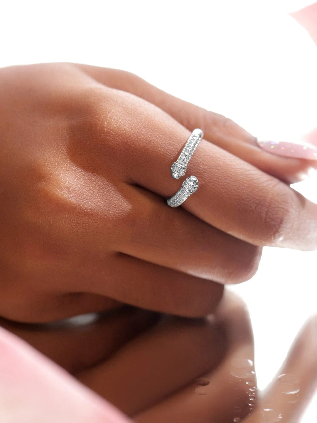 Rhodium-Plated Stainless Steel Tarnish-Free Waterproof Cubic Zirconia Classic Adjustable Ring