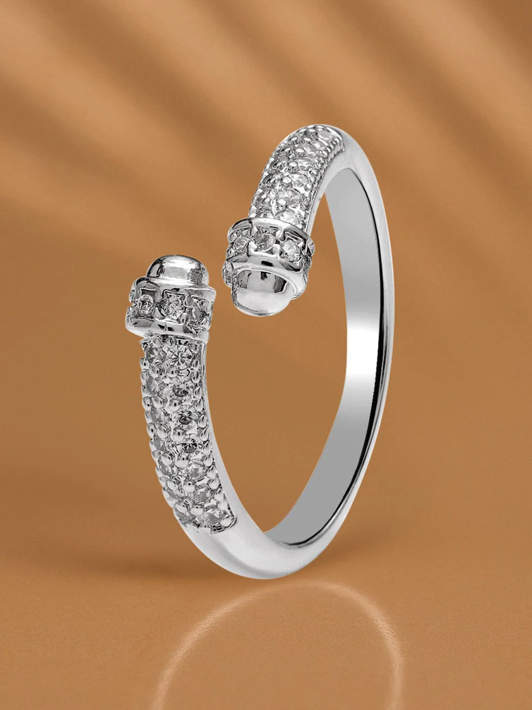 Rhodium-Plated Stainless Steel Tarnish-Free Waterproof Cubic Zirconia Classic Adjustable Ring
