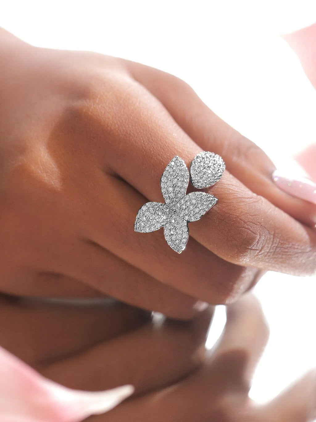 Rhodium-Plated Stainless Steel Tarnish-Free Waterproof Cubic Zirconia Floral Adjustable Ring