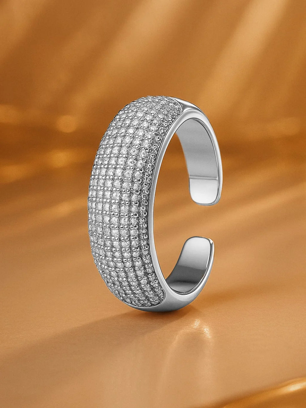 Rhodium-Plated Stainless Steel Tarnish-Free Waterproof Cubic Zirconia Wide Band Adjustable Ring
