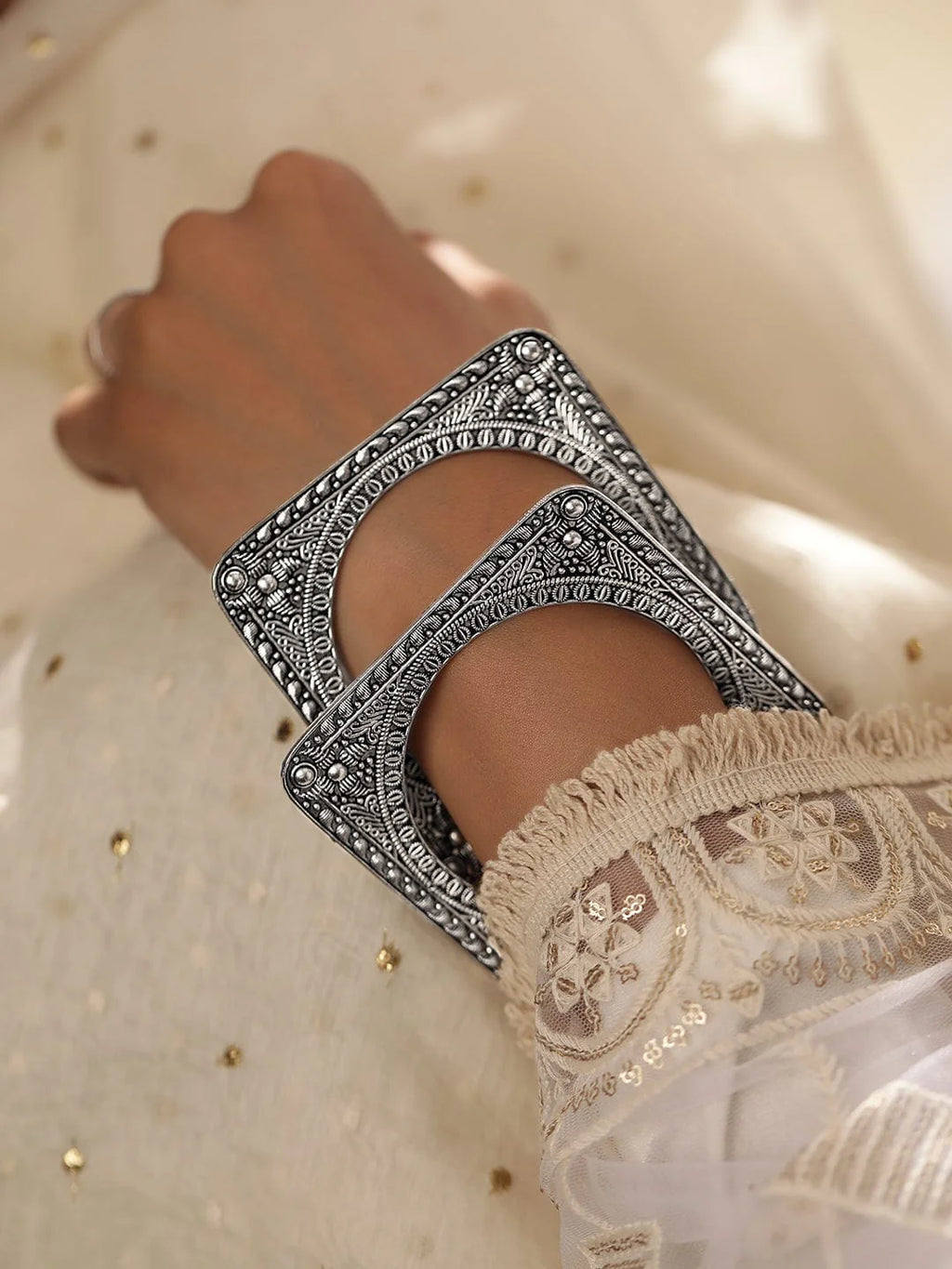 Set of 2 Silver Plated Square Shaped Oxidized Handcrafted Bangles